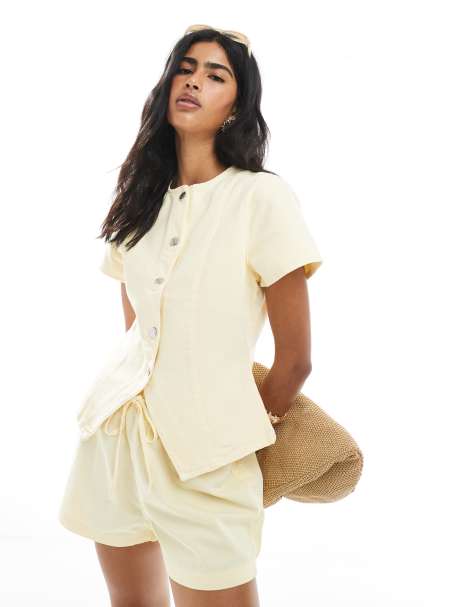 ASOS DESIGN - Denim top met knoopsluiting en korte mouwen in geel - view 1