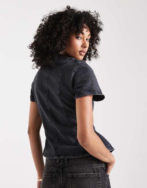 ASOS DESIGN - Denim top met knoopsluiting en korte mouwen in zwart met wassing, 3 van 4