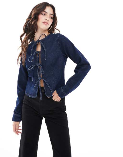 ASOS DESIGN - Denim top met lange mouwen en gestrikte voorkant in indigo