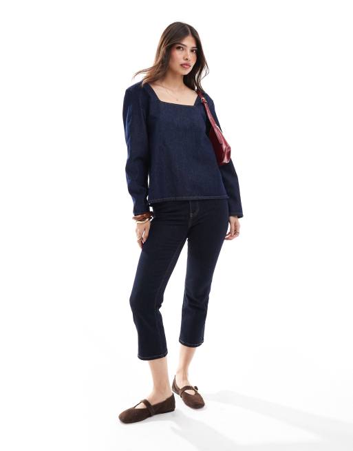 ASOS DESIGN - Denim top met naden en lange mouwen in middenblauw