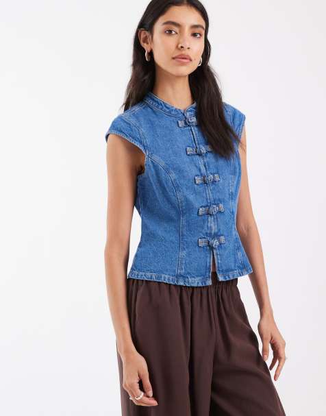 ASOS DESIGN denim top met opstaande kraag in rinse-wassing - view 1