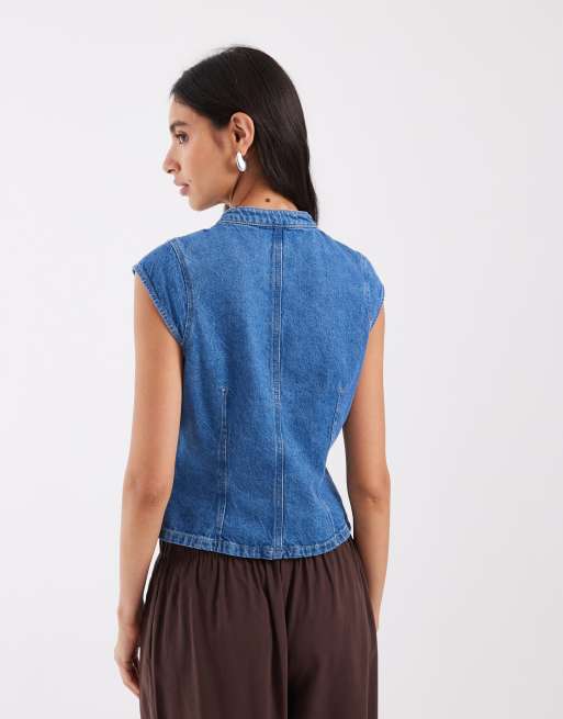 ASOS DESIGN denim top met opstaande kraag in rinse-wassing, 3 van 4