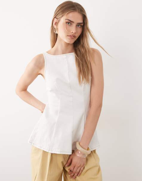 ASOS DESIGN - Denim top met peplum en strik aan de achterkant in ecru - view 1