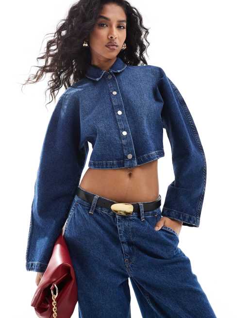 ASOS DESIGN - Denim top met wijde mouwen in middenblauw