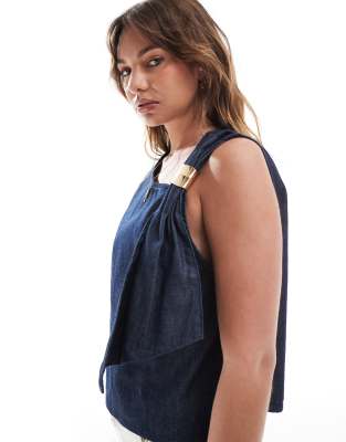 Asos Design Denim Top With Asymmetric Neck And Gold Hardware-navy In Navy