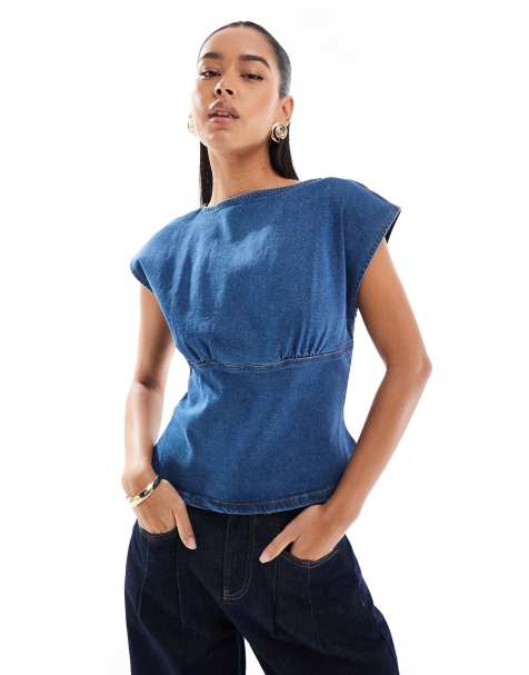 ASOS DESIGN denim top with batwing sleeve in mid blue - view 1