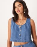 [ASOS DESIGN] ASOS DESIGN denim top with button front in midwash blue 16 Mid blue