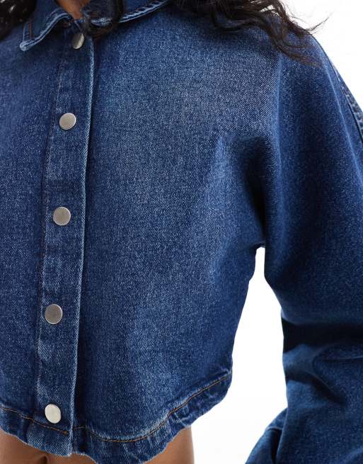 ASOS DESIGN denim top with cocoon sleeves in mid blue