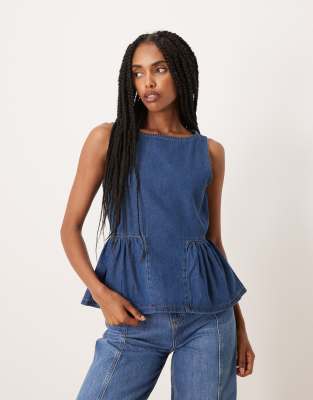 Asos Design Denim Top With Drop Waist Side Panels In Blue