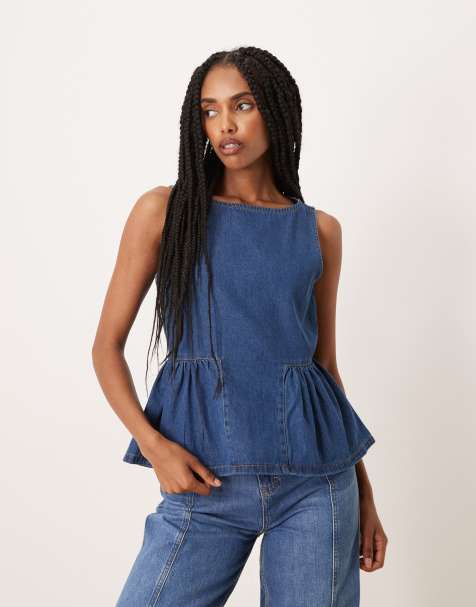 ASOS DESIGN denim top with drop waist side panels in mid blue - view 1