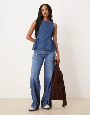 Asos Design Denim Top With Drop Waist Side Panels In Blue