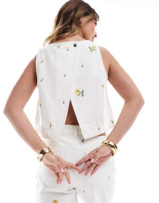 Asos Design Denim Top With Floral Embroidery In White