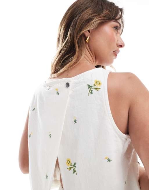 ASOS DESIGN denim top with floral embroidery in white - part of a set, 3 of 4