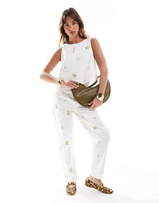 ASOS DESIGN denim top with floral embroidery in white - part of a set, 4 of 4