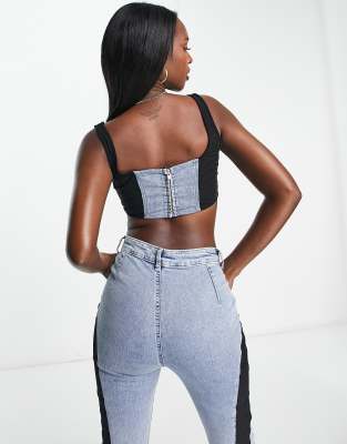 asos design denim top with mesh detail in blue - part of a set