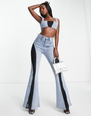 asos design denim top with mesh detail in blue - part of a set