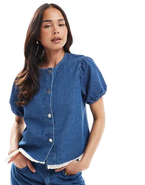 ASOS DESIGN denim top with puff sleeve and broderie trim co-ord in mid blue - view 1
