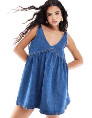 denim trapeze mini dress in light blue