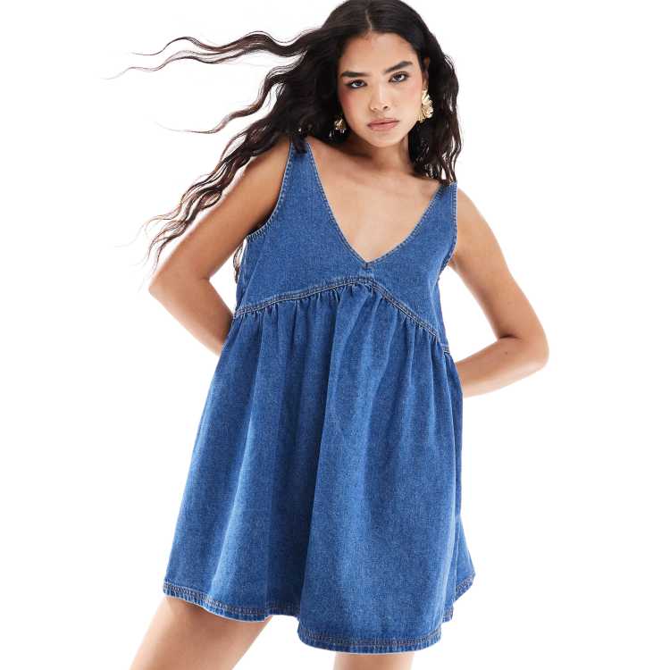 princess polly baby blue dress ASOS DESIGN denim trapeze mini dress in light blue
