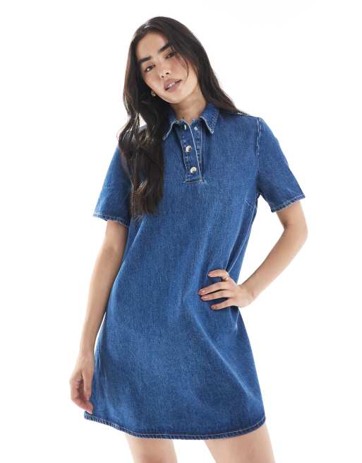 ASOS DESIGN denim trapeze polo dress in vintage wash