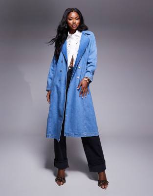 denim trench coat in mid blue