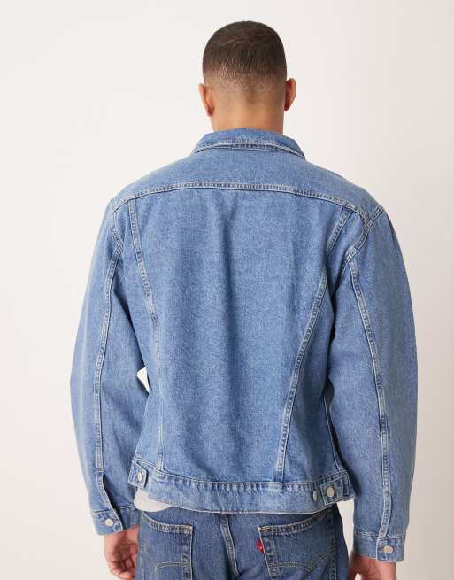 ASOS DESIGN denim trucker jacket in mid wash blue, 3 of 5