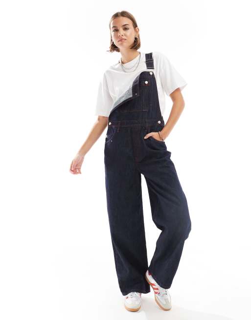 ASOS DESIGN - Denim tuinbroek met contrasterende stiksels in indigoblauw, 2 van 4