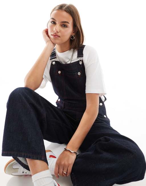 ASOS DESIGN - Denim tuinbroek met contrasterende stiksels in indigoblauw, 3 van 4