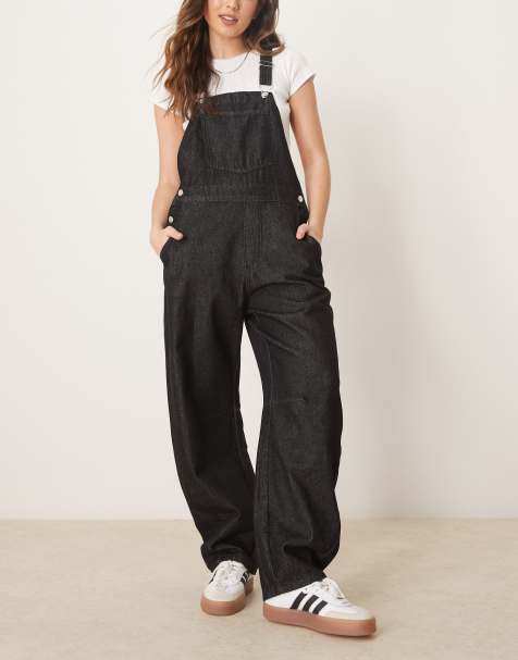 ASOS DESIGN - Denim tuinbroek met wijde ronde pijpen in zwart - view 1
