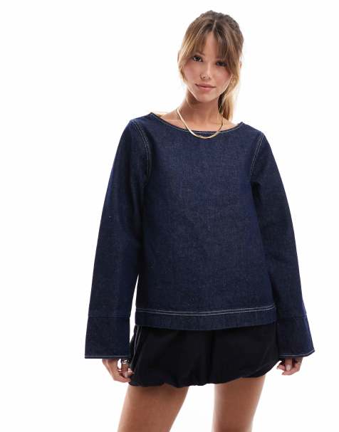 ASOS DESIGN denim turn up cuff top in indigo - view 1