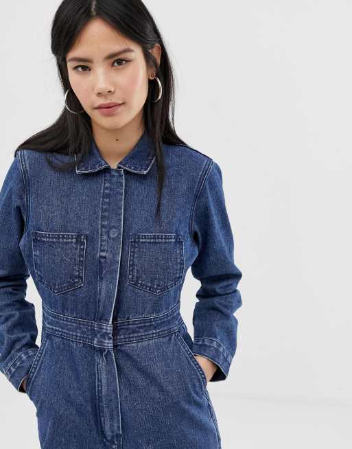 ASOS DESIGN Maternity denim boiler suit in mid wash