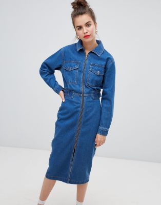 ASOS DESIGN denim utility dress in midwash blue