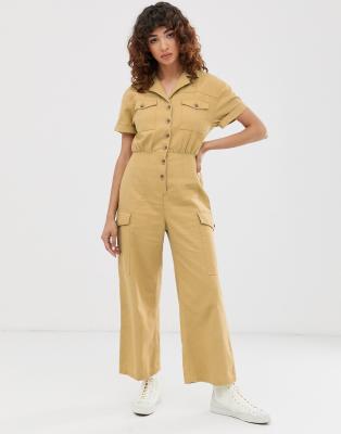 ASOS DESIGN denim utility jumpsuit in mustard-Orange