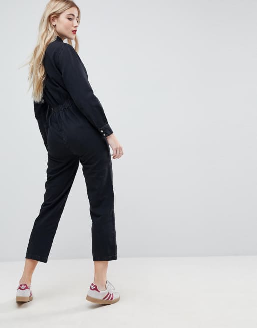 Black denim store utility jumpsuit