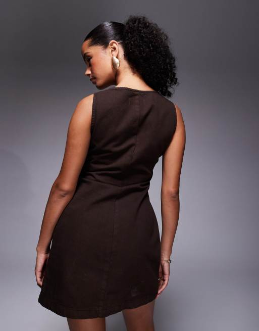 ASOS DESIGN denim v neck dress with button front in chocolate, 2 of 4