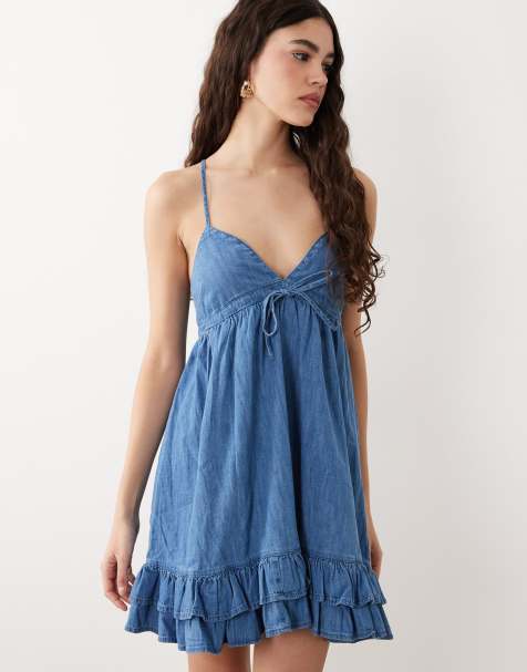 ASOS DESIGN denim v neck mini dress with frill detail in mid blue - view 1