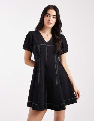 Asos Design Denim V-neck Mini Dress With Seam Detail In Black