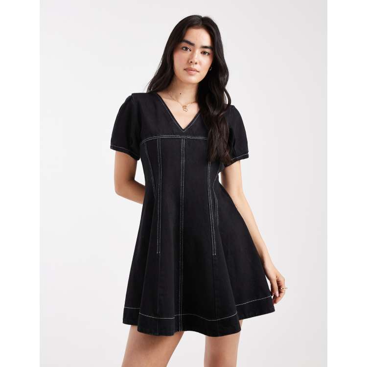 washed black seam front denim mini dress ASOS DESIGN V-neck with detail in New to Outlet Size:52L Black Crepe Bow Lace Do Not Bleach