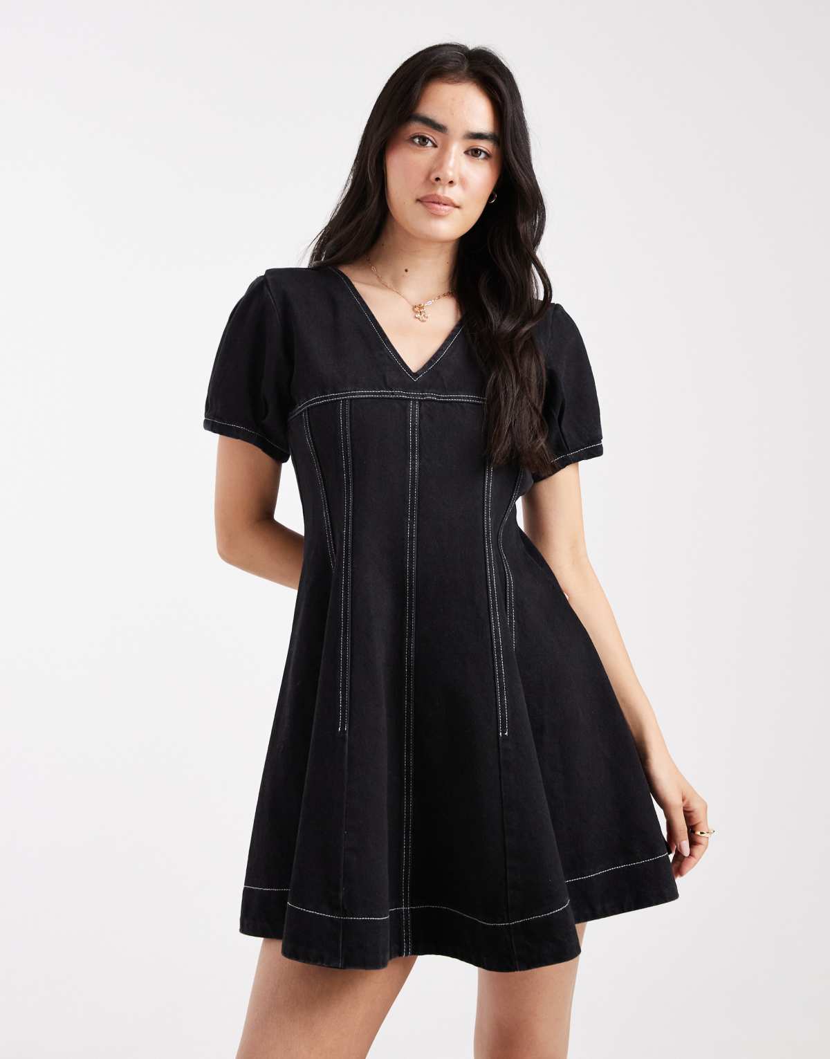 ASOS DESIGN denim v neck  mini dress with seam detail in black