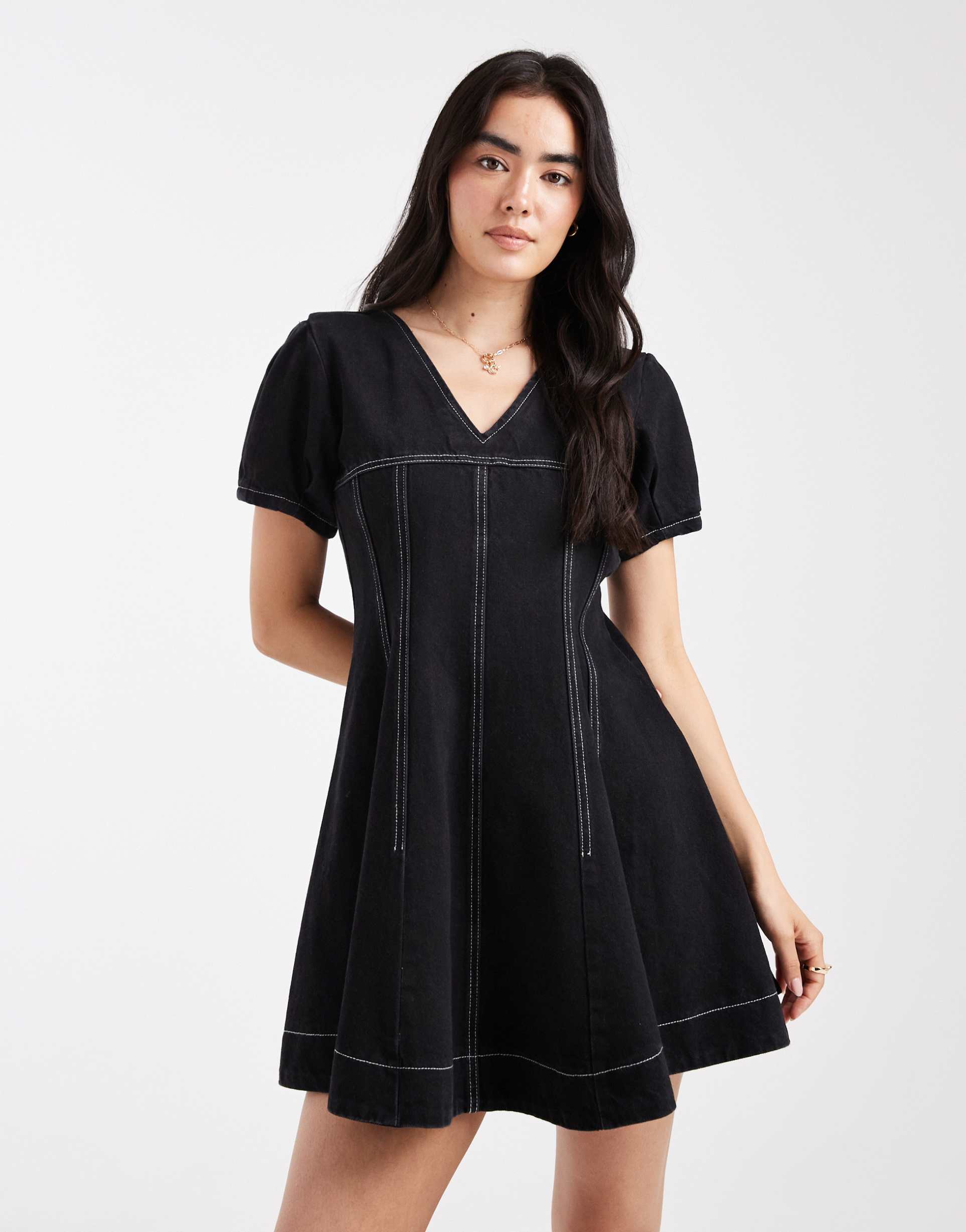 asos design denim v-neck mini dress with seam detail in black