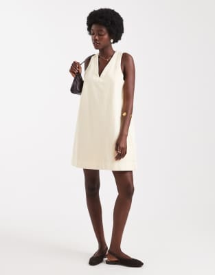 denim v neck shift dress in buttermilk-Yellow