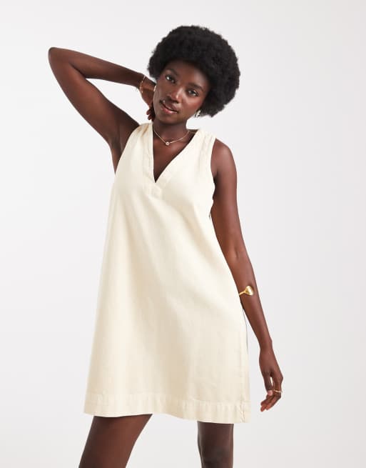 ASOS DESIGN denim v neck shift dress in buttermilk, 4 of 4