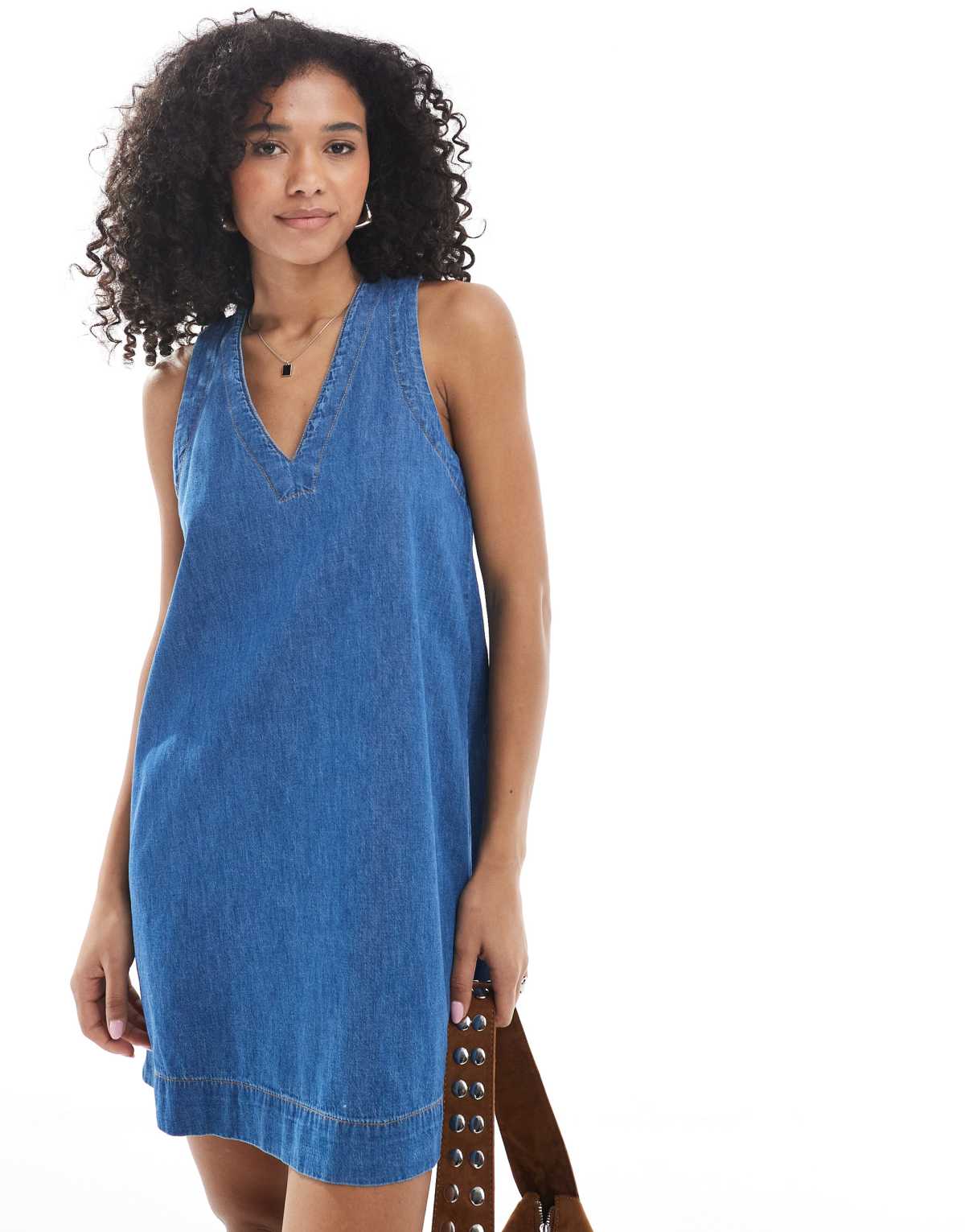 ASOS DESIGN denim v neck shift dress in mid blue