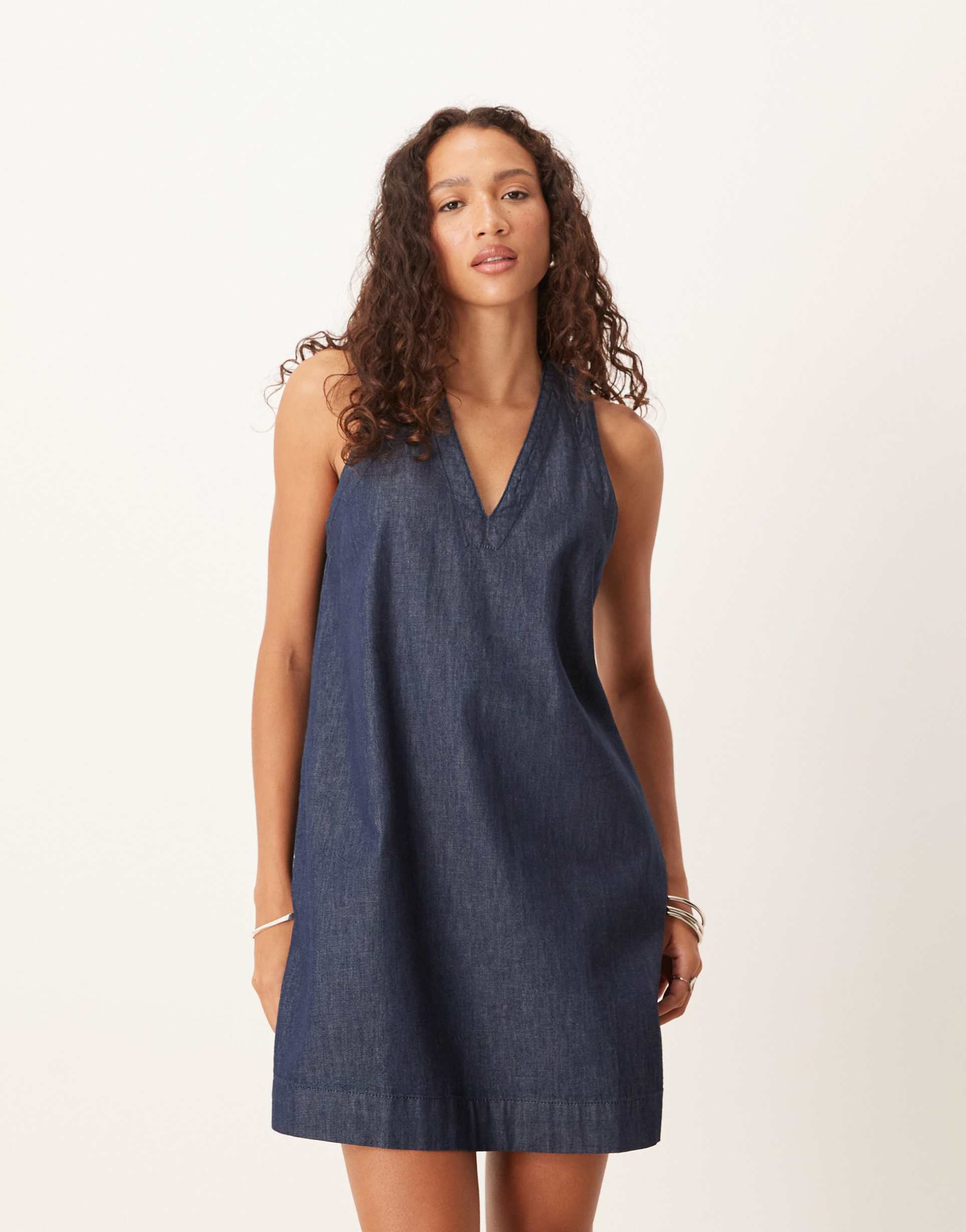 asos design denim v neck shift dress in rinse