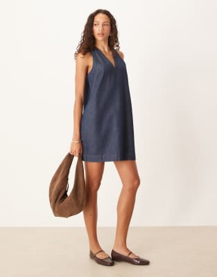 Asos Design Denim V Neck Shift Dress In Blue