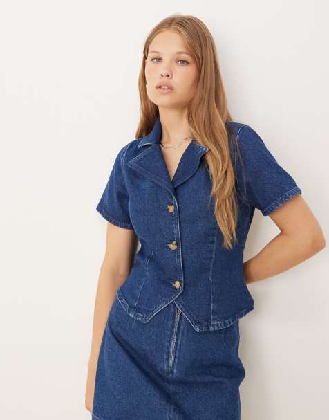 ASOS DESIGN denim v neck short sleeve shirt co-ord in mid blue - view 1
