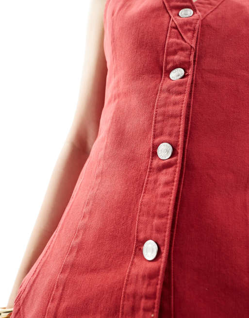 ASOS DESIGN denim v neck vest in red - part of a set, 4 of 4