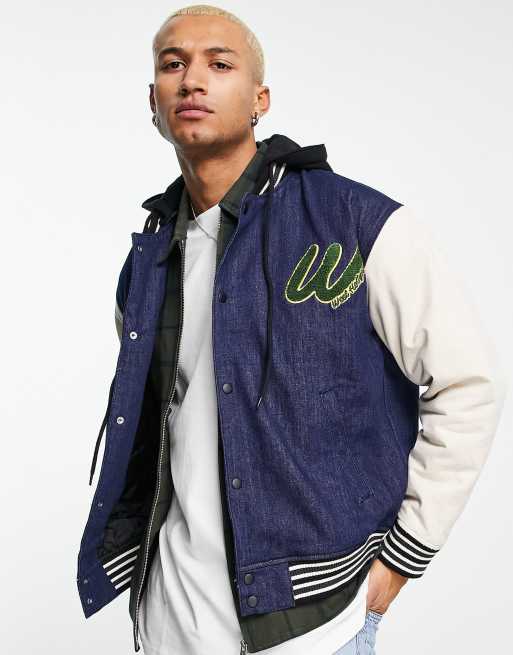 ASOS DESIGN denim varsity jacket in blue and white