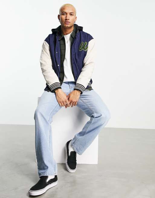 ASOS DESIGN denim varsity jacket in blue and white