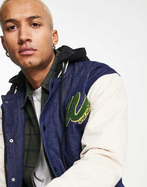 ASOS DESIGN denim varsity jacket in blue and white